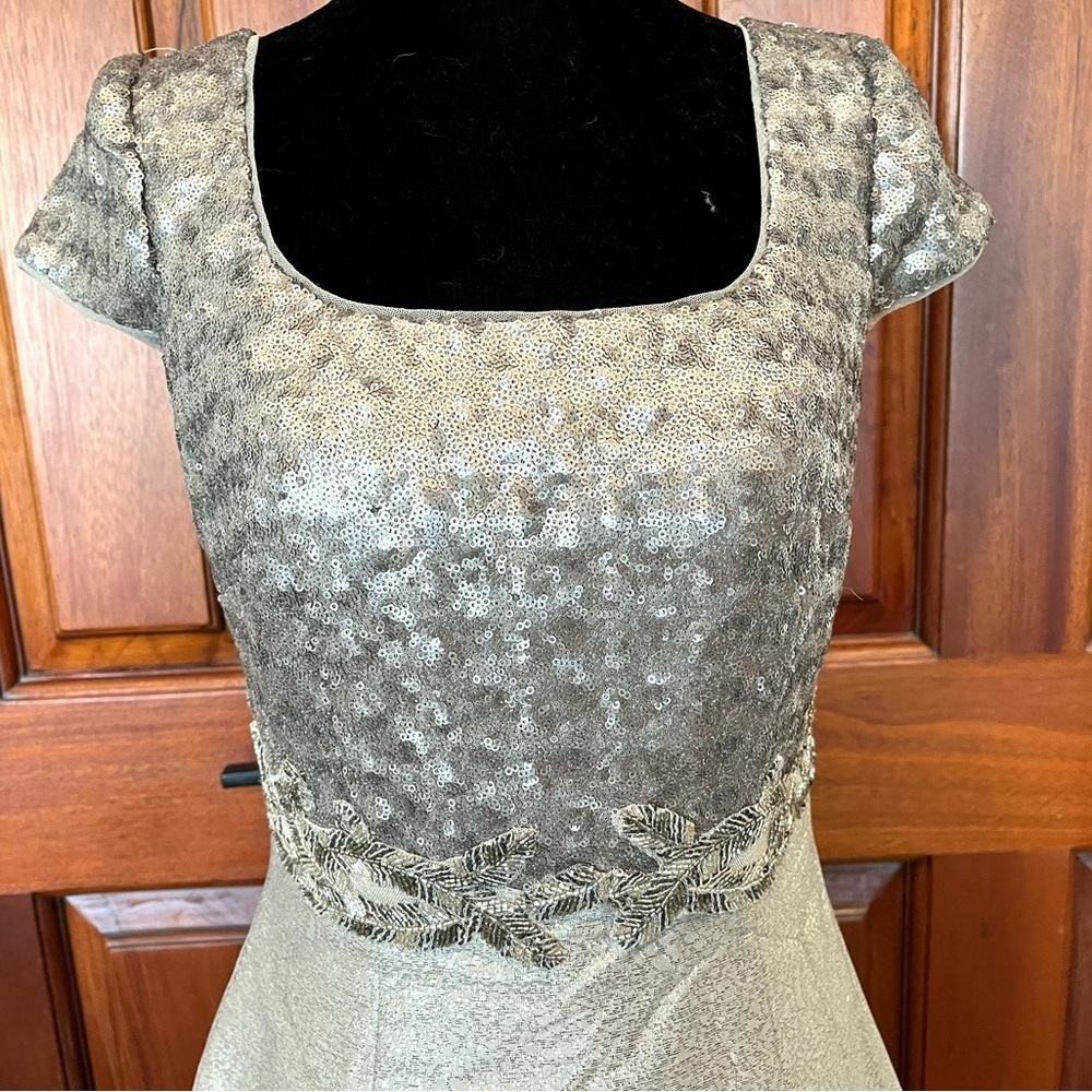 KAY UNGER NY Metallic Champagne Gold Sequin Beaded Jacquard Sheath Dress~4